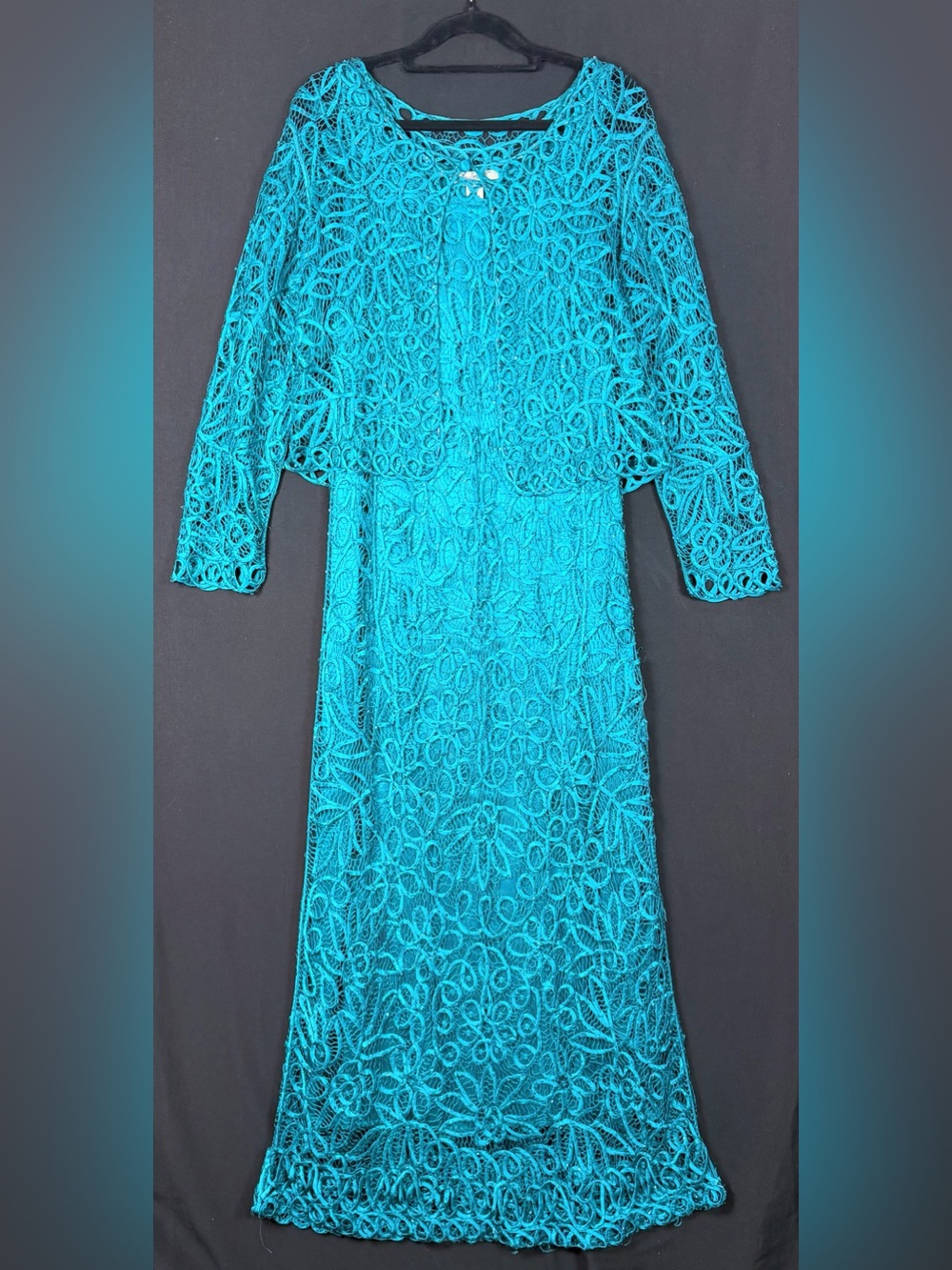 Soulmates Teal Dress Crochet Silk & Beaded & Maxi Jacket special Event black tie